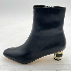 FSJ Black Round Toe Crystal Block Low Heel Ankle Boots Side Zipper Walking Shoes